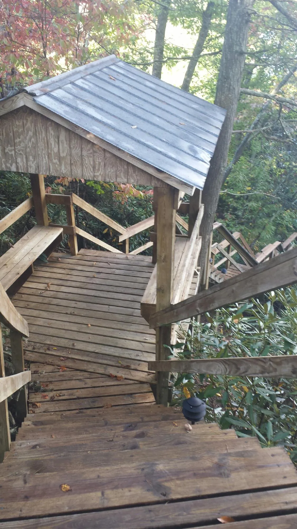 Metal roofed shelter over wooden steps on a wooded walkway — Skylight Repair & Installation work by our crew in Dorchester